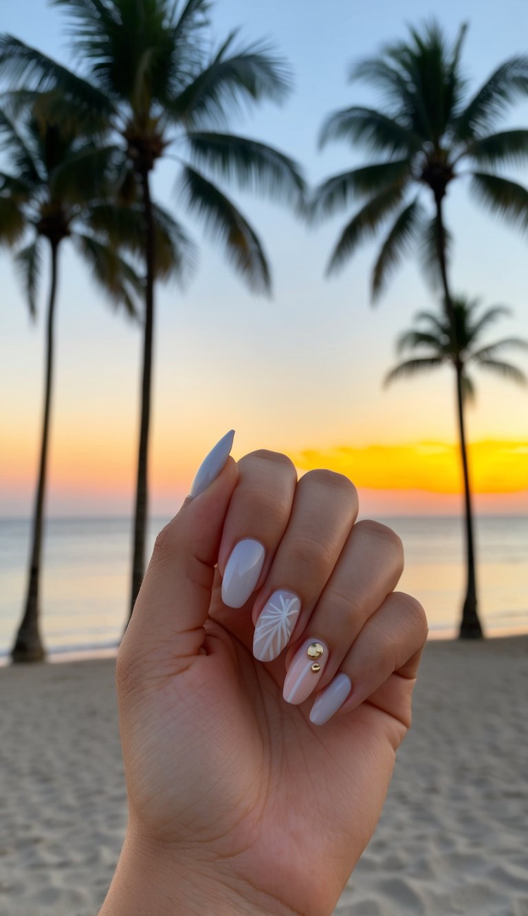 A tranquil beach at sunset, with palm trees silhouetted against a gradient of bright yellow and orange hues in the sky