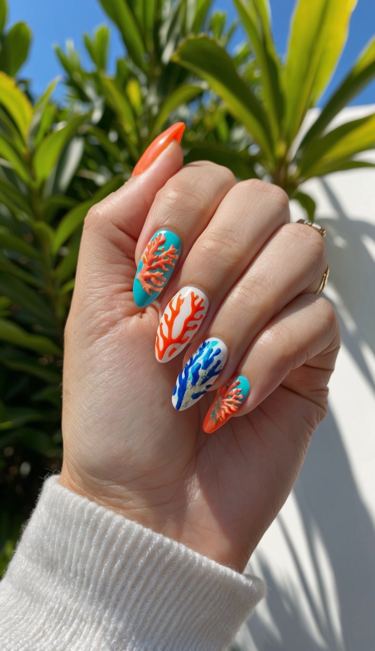 A tropical coral reef with vibrant coral nail art designs, surrounded by tropical foliage and shining under the bright sun