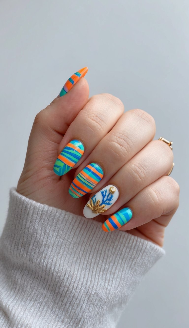 A coral reef with vibrant stripes and tropical elements
