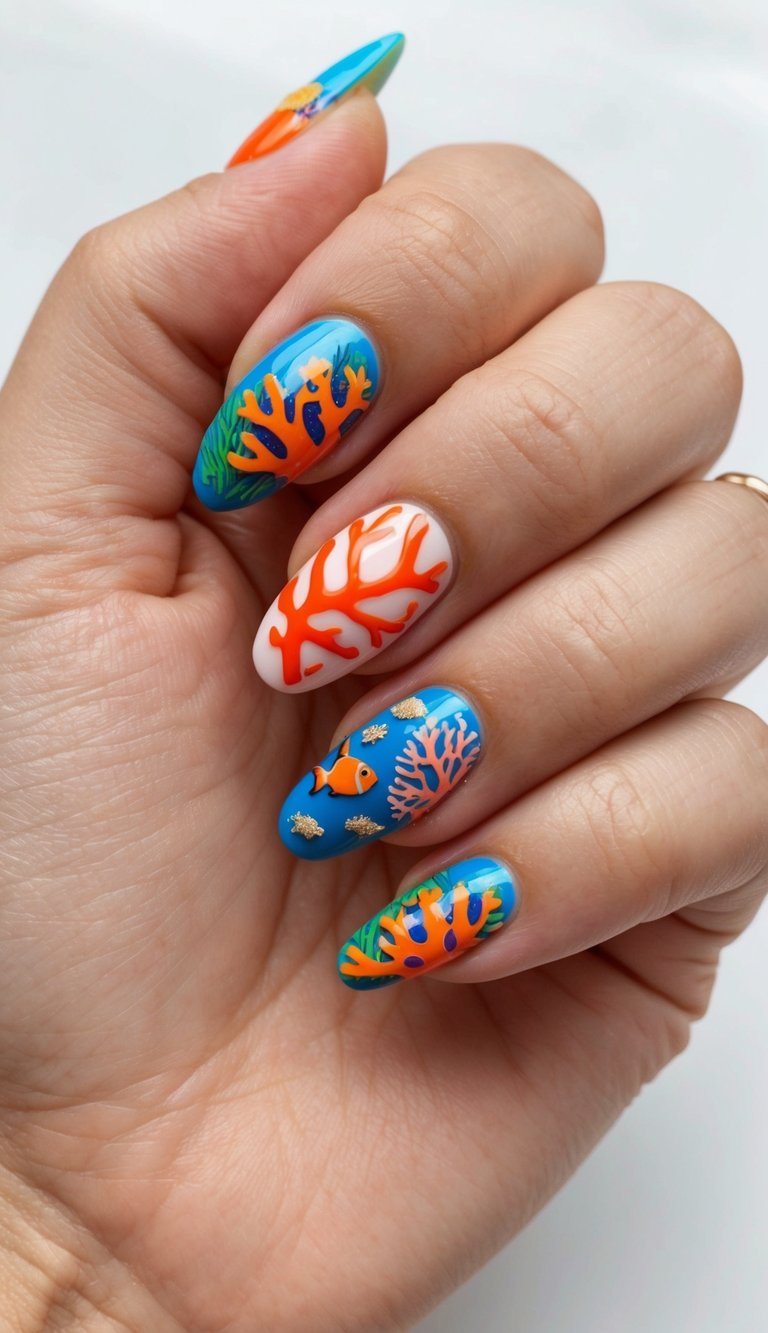 A coral reef with vibrant coral nail art designs surrounded by tropical fish and sea creatures