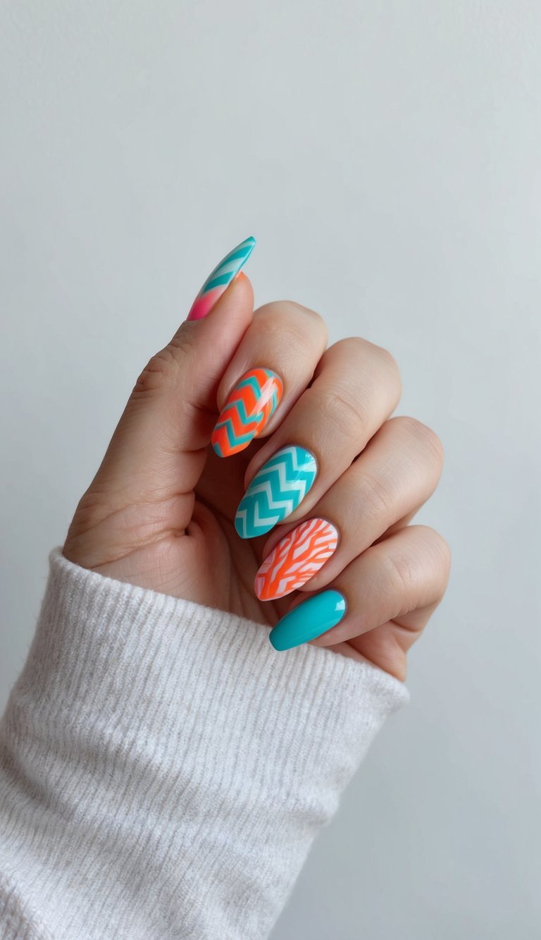 A tropical coral reef with vibrant chevron patterns and coral-inspired nail art designs