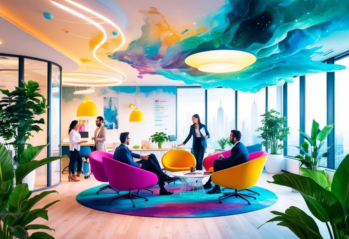 A vibrant office space with modern furniture, green plants, and employees collaborating in a positive and productive environment