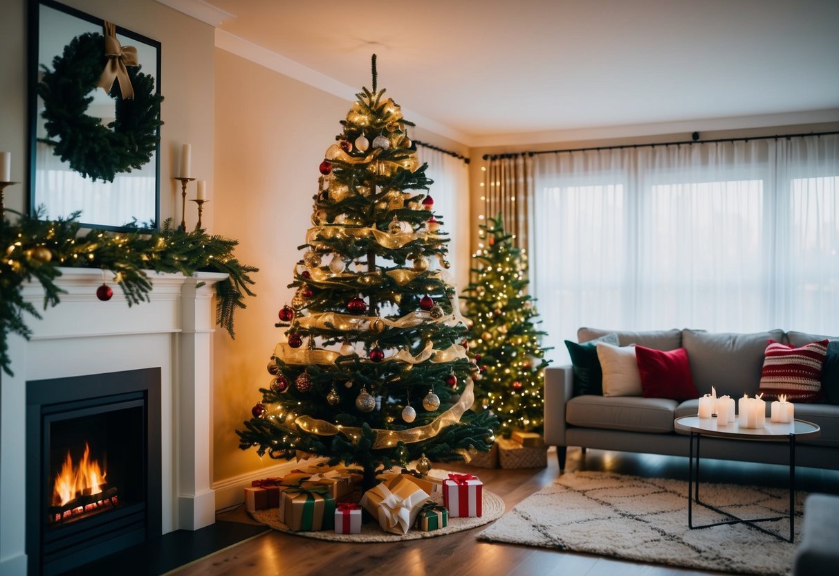 Ein gemütliches Wohnzimmer mit einem festlich dekorierten Weihnachtsbaum, leuchtenden Lichtern und einem knisternden Kamin.