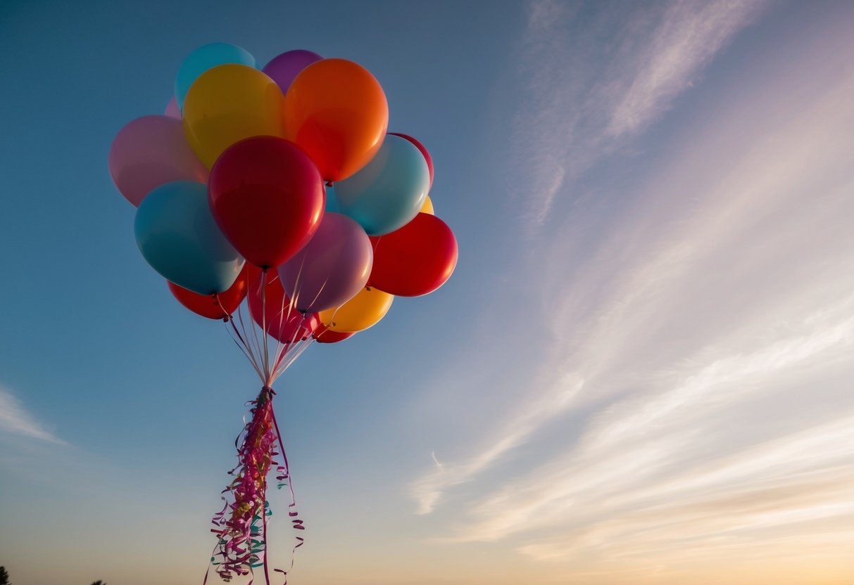 Ein bunter Strauß von Ballons, der in den Himmel schwebt