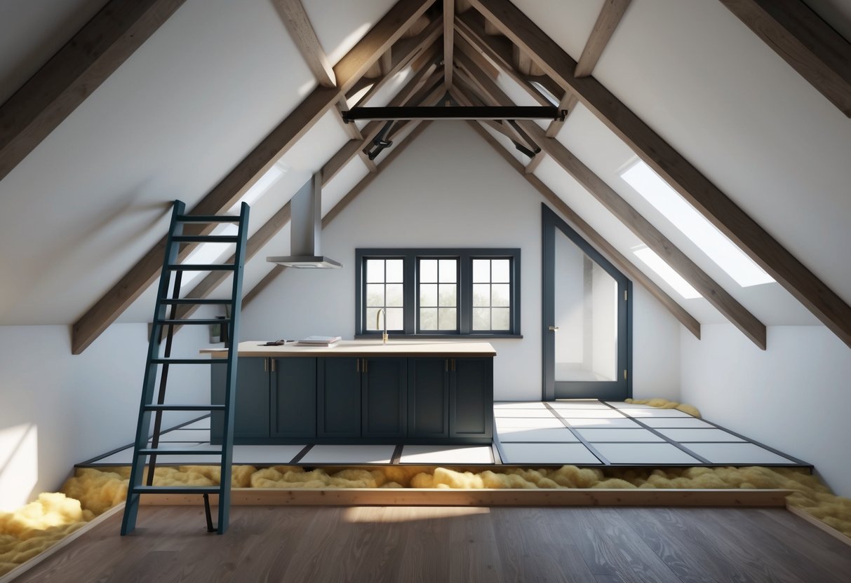 An attic being transformed into a modern living space with new flooring, insulation, and windows. A ladder leads up to the open space with exposed beams and natural light streaming in