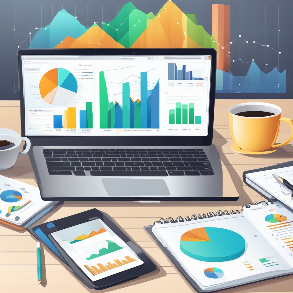 A laptop displaying website analytics charts and graphs, surrounded by a notebook, pen, and coffee cup on a desk