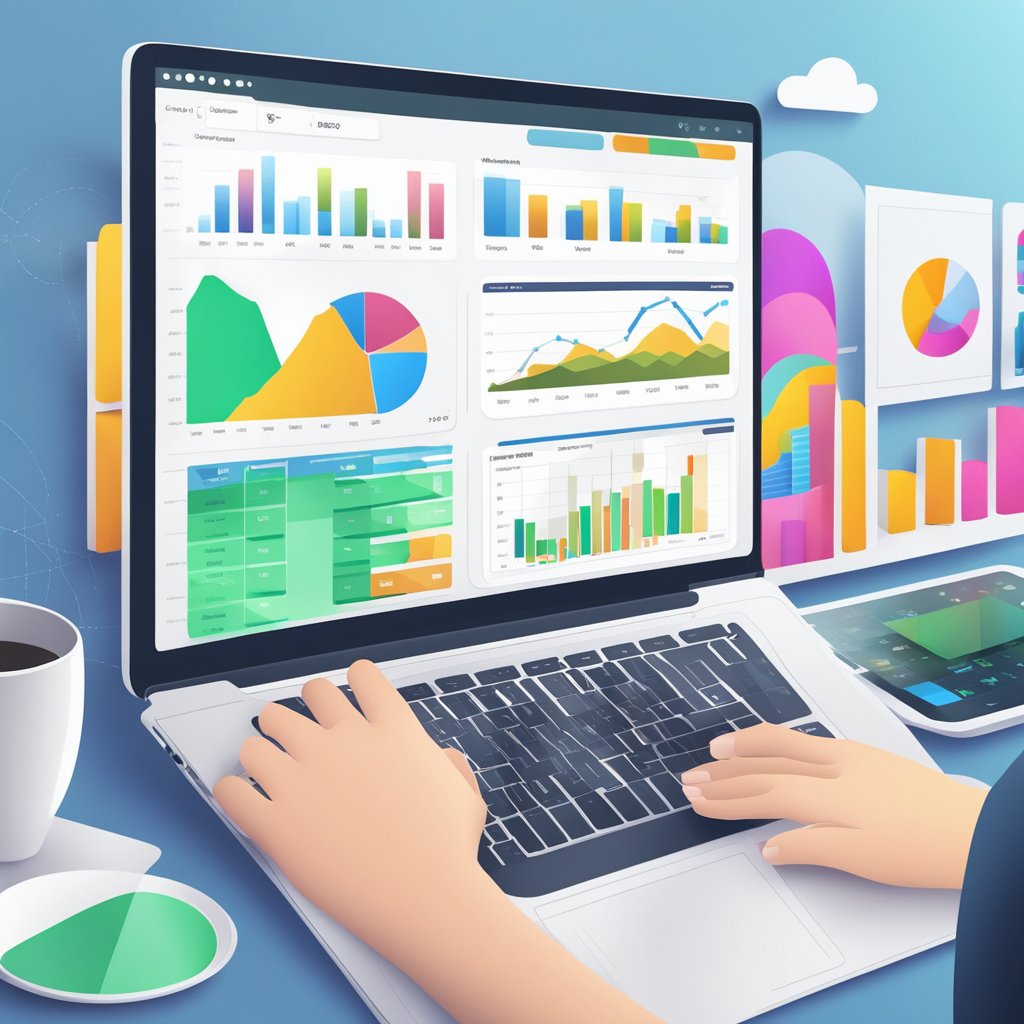 A laptop displaying various website analytics charts and graphs. A person's hand hovers over the keyboard, ready to input data