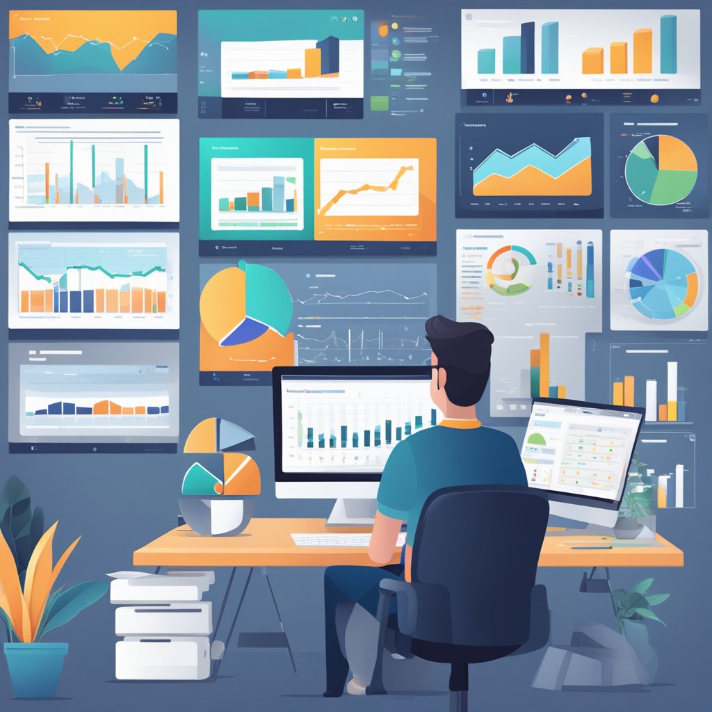 A person sitting at a desk with a computer, surrounded by charts, graphs, and data reports. The computer screen shows a website analytics dashboard