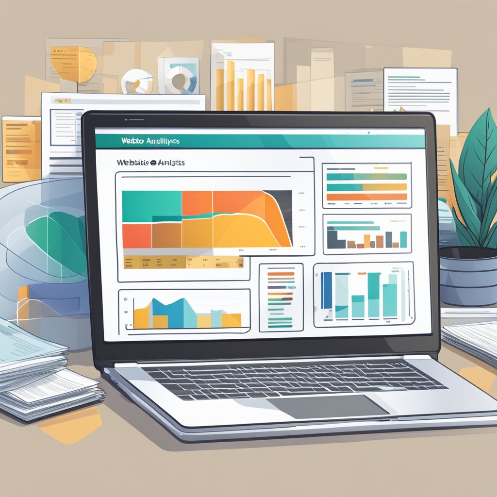 A laptop with a website analytics dashboard displayed on the screen, surrounded by privacy policy documents and compliance guidelines