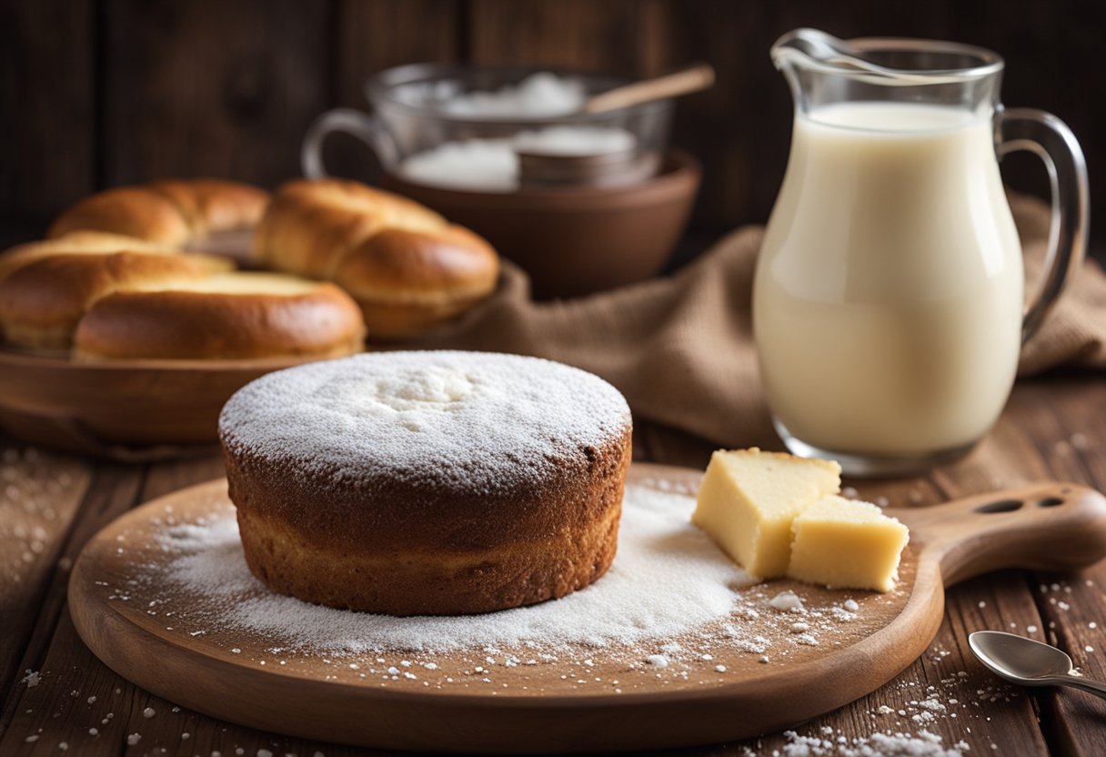 Um Bolo de Leite Ninho recém-assado repousa sobre uma mesa rústica de madeira, cercado por uma pitada de leite em pó. Uma fatia foi retirada, revelando o interior cremoso.