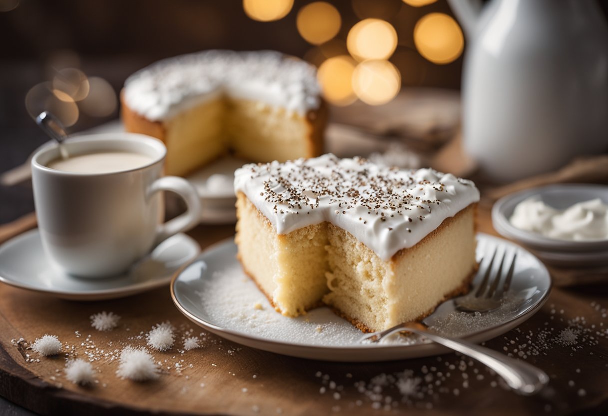 Um bolo de dar água na boca coberto com um creme branco cremoso e polvilhado com leite em pó, rodeado por um ambiente de cozinha quente e acolhedor.