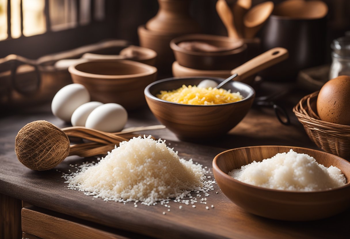 Uma bancada de cozinha rústica com uma tigela de madeira cheia de mandioca ralada, ovos, açúcar e leite de coco. Um livro de receitas está aberto ao lado de uma tigela de mistura e um batedor, com um brilho quente e convidativo do forno ao fundo.