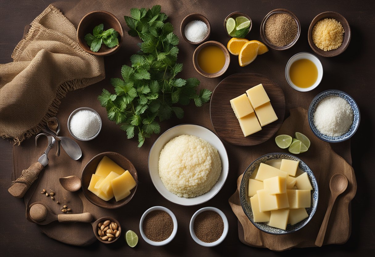 Uma bancada de cozinha rústica com ingredientes e utensílios dispostos para fazer um bolo de mandioca simples e delicioso.