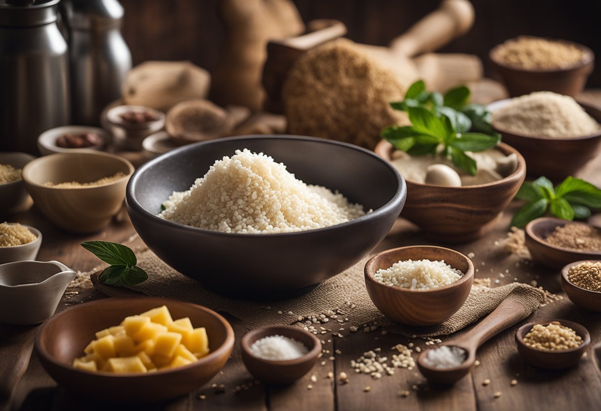 Uma cozinha rústica com ingredientes e utensílios dispostos, um grande ralador triturando mandioca fresca e uma tigela de mistura pronta para a massa