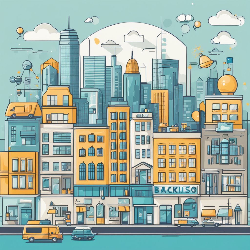 A city skyline with various local businesses, surrounded by icons representing off-page SEO factors such as backlinks, social media, and online reviews