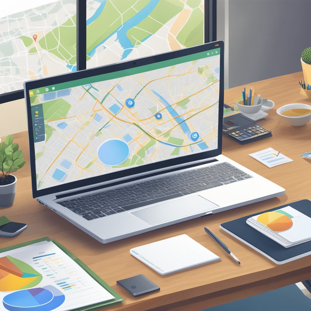 A laptop on a desk with a graph showing a steady increase in local SEO performance, surrounded by various marketing materials and a map of the local area