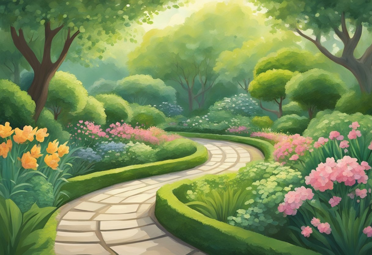 A serene garden with a winding path and lush greenery, a figure moving gracefully in a series of slow, deliberate movements