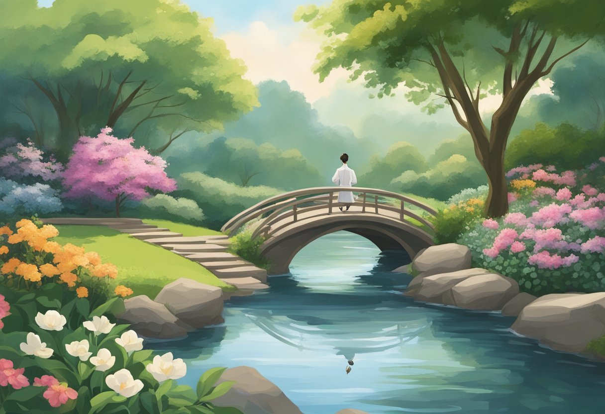 A serene garden with a flowing stream, surrounded by lush greenery and blooming flowers, with a figure practicing Tai Chi in the distance