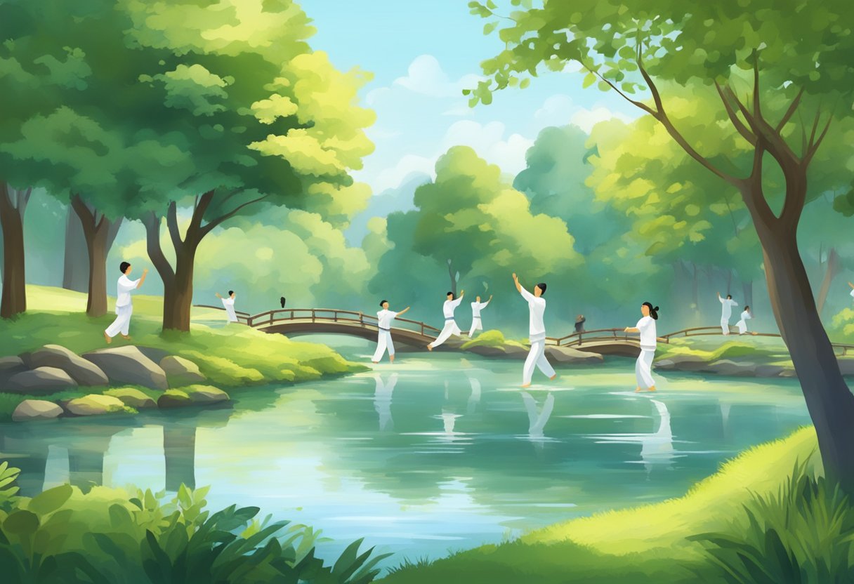 A group of people practicing Tai Chi in a peaceful park setting, surrounded by lush greenery and gentle flowing water