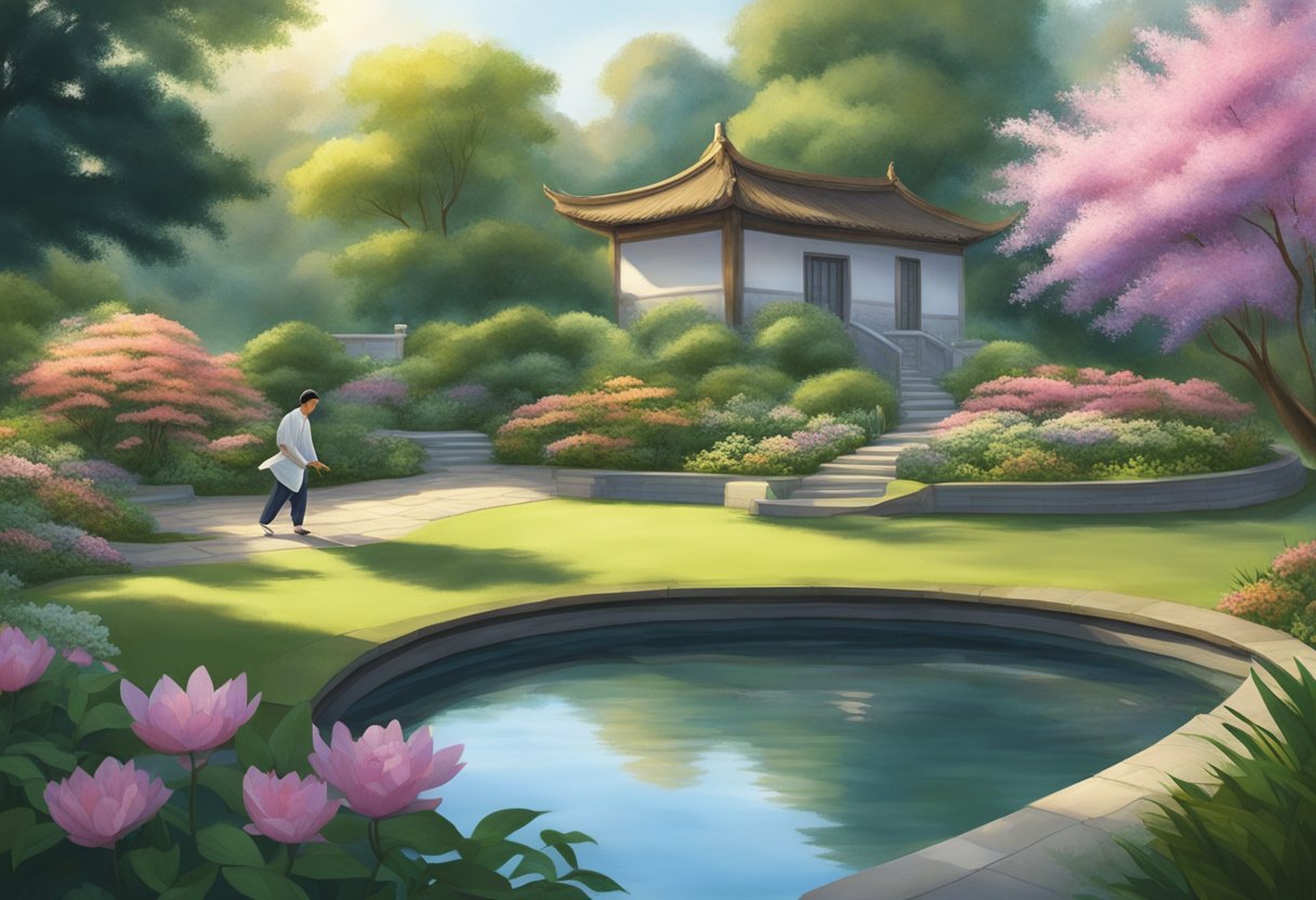 A serene garden with a peaceful pond, surrounded by lush greenery and blooming flowers, as a person practices Tai Chi in the early morning light