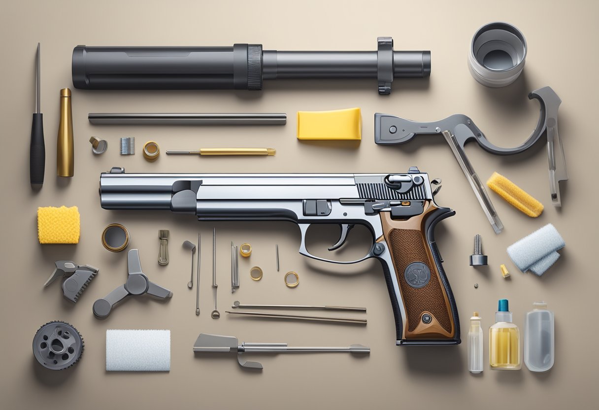 A firearm being meticulously disassembled and cleaned on a well-lit workbench with various cleaning tools and supplies laid out nearby