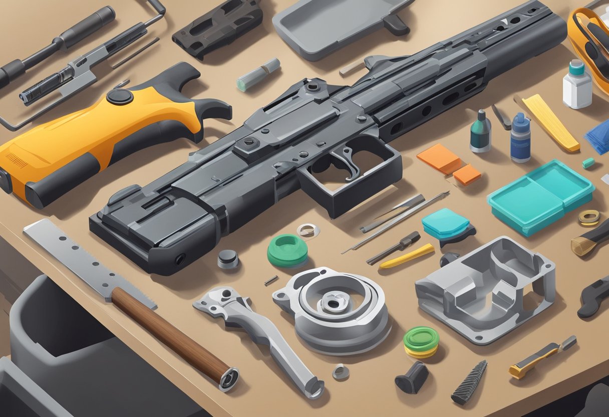 A firearm being disassembled and cleaned on a workbench with various cleaning tools and supplies laid out nearby