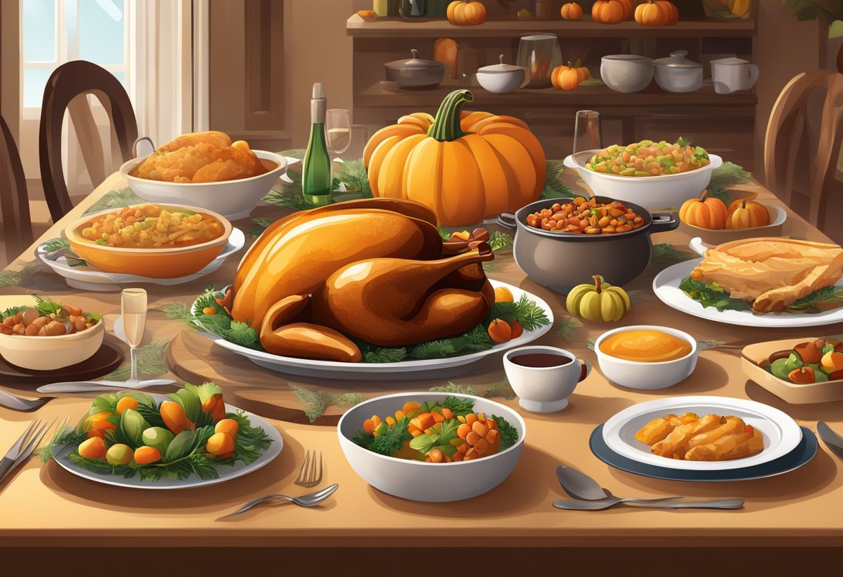 A table set with a festive Thanksgiving meal surrounded by family and friends, with a warm and inviting atmosphere