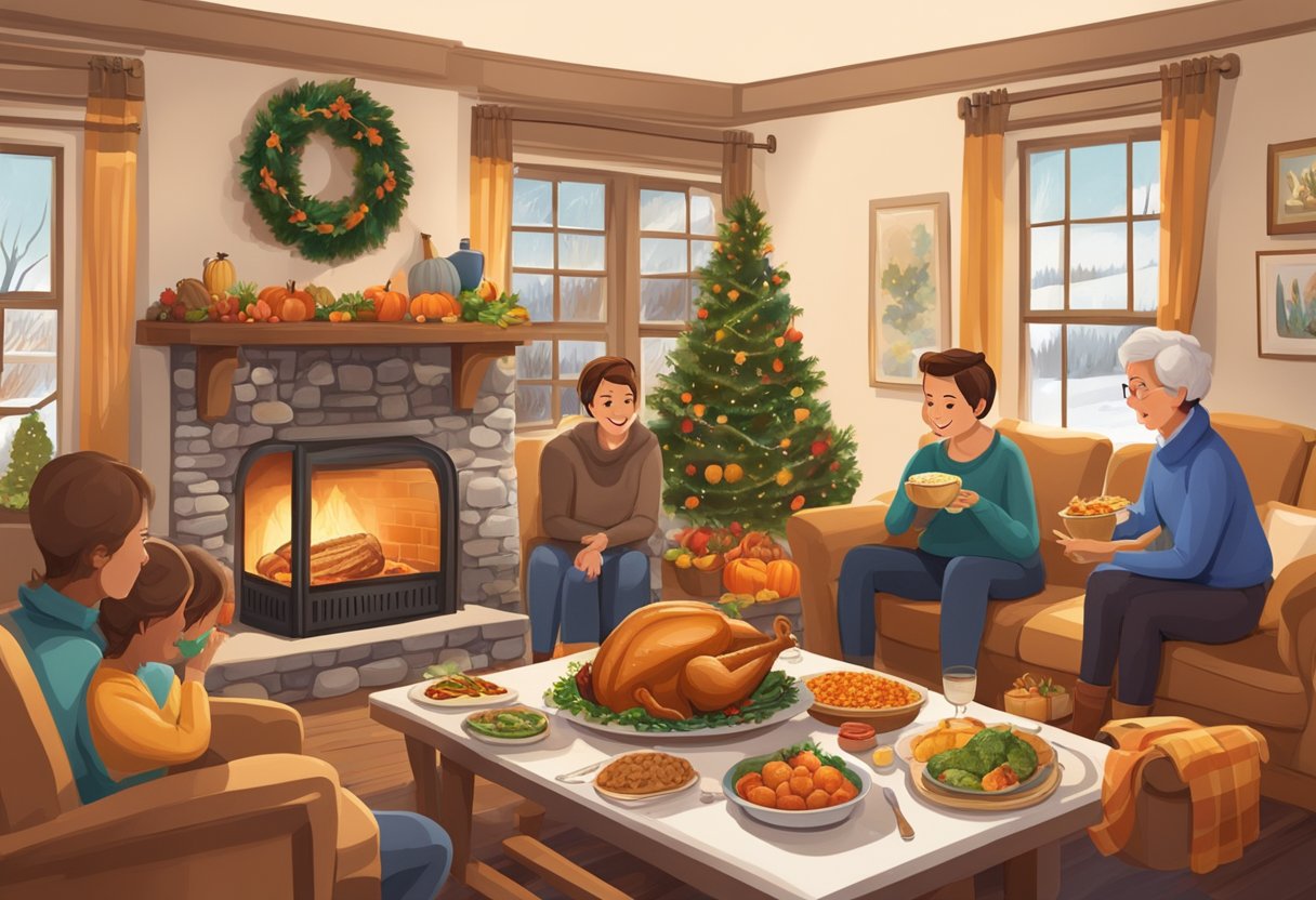 A cozy living room with a crackling fireplace, a table set with a festive Thanksgiving meal, and family members gathered around, sharing what they are grateful for