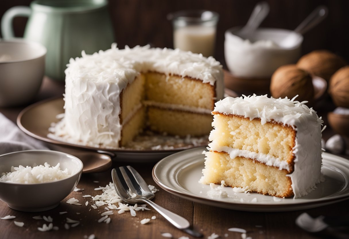 Um bolo de coco sendo feito com apenas 4 ingredientes em um ambiente de cozinha simples, com uma tigela de mistura, utensílios de medição e flocos de coco.