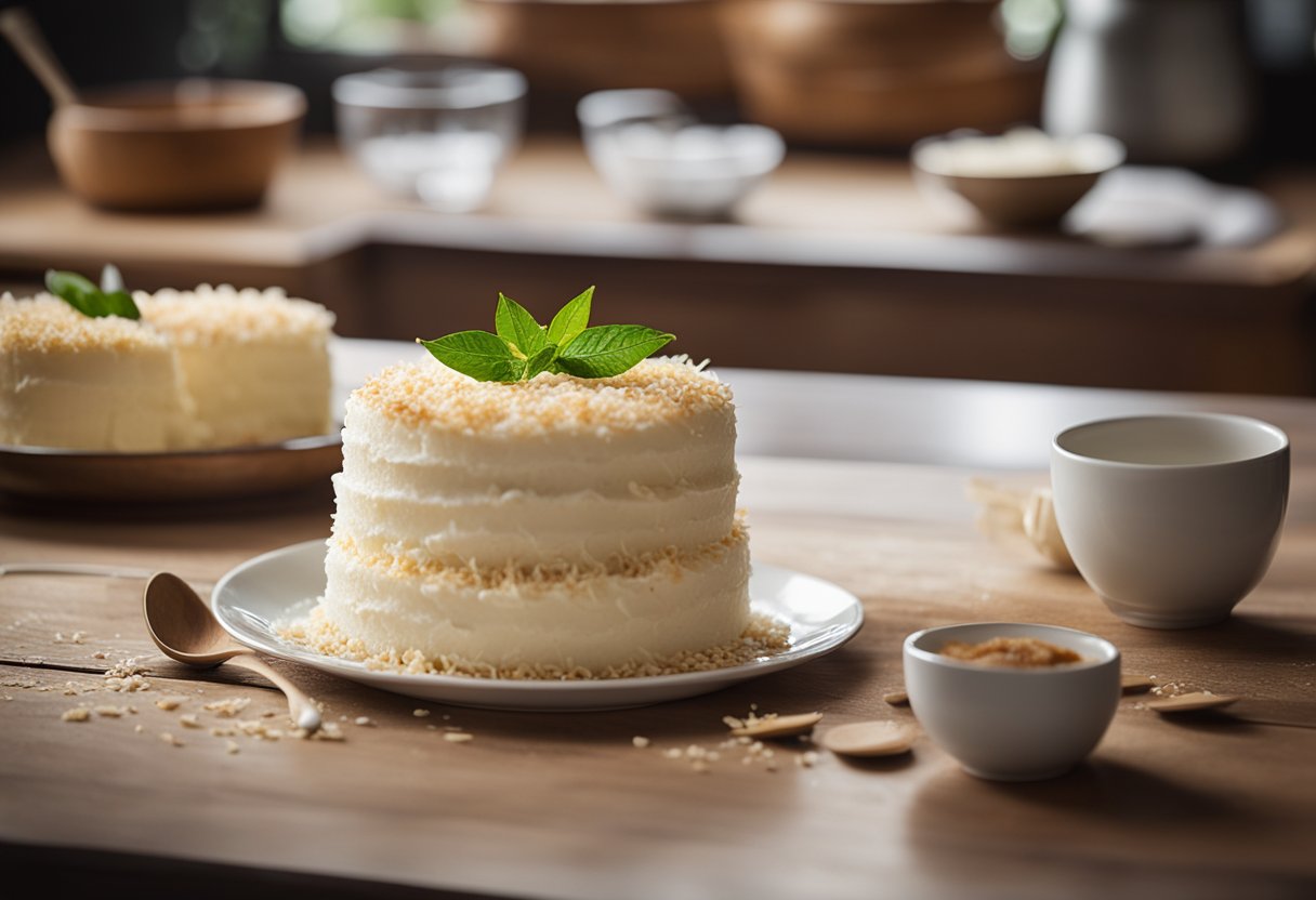 Um bolo de coco sendo feito com apenas 4 ingredientes em um ambiente de cozinha simples, com uma tigela de mistura, um batedor e um coco em uma mesa de madeira.