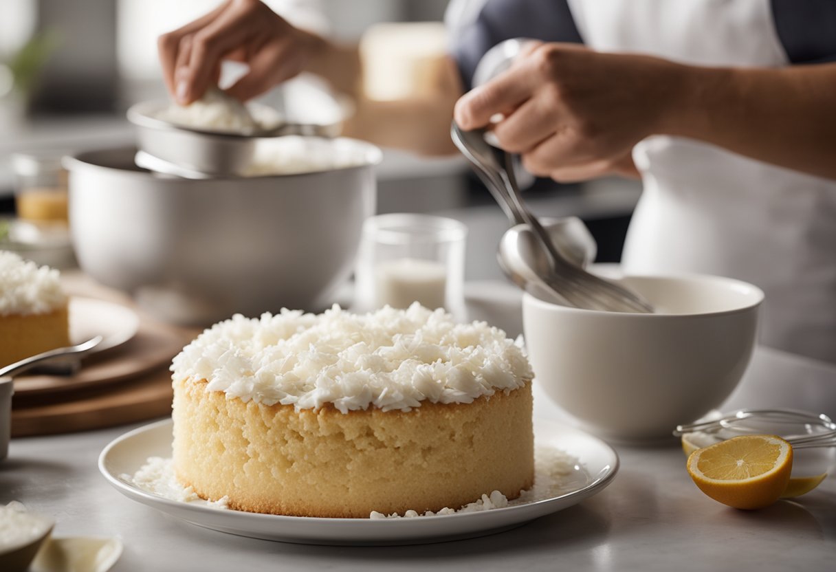 Um bolo de coco sendo feito com quatro ingredientes em uma bancada de cozinha, com uma tigela de mistura, copos medidores e um batedor.