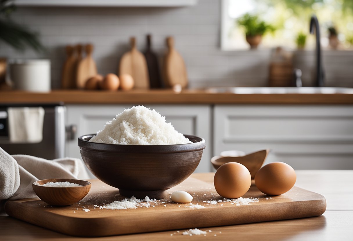 Uma cena simples de cozinha com uma tigela de mistura, coco, ovos e farinha em uma bancada. Um coco fresco está próximo, pronto para ser ralado.