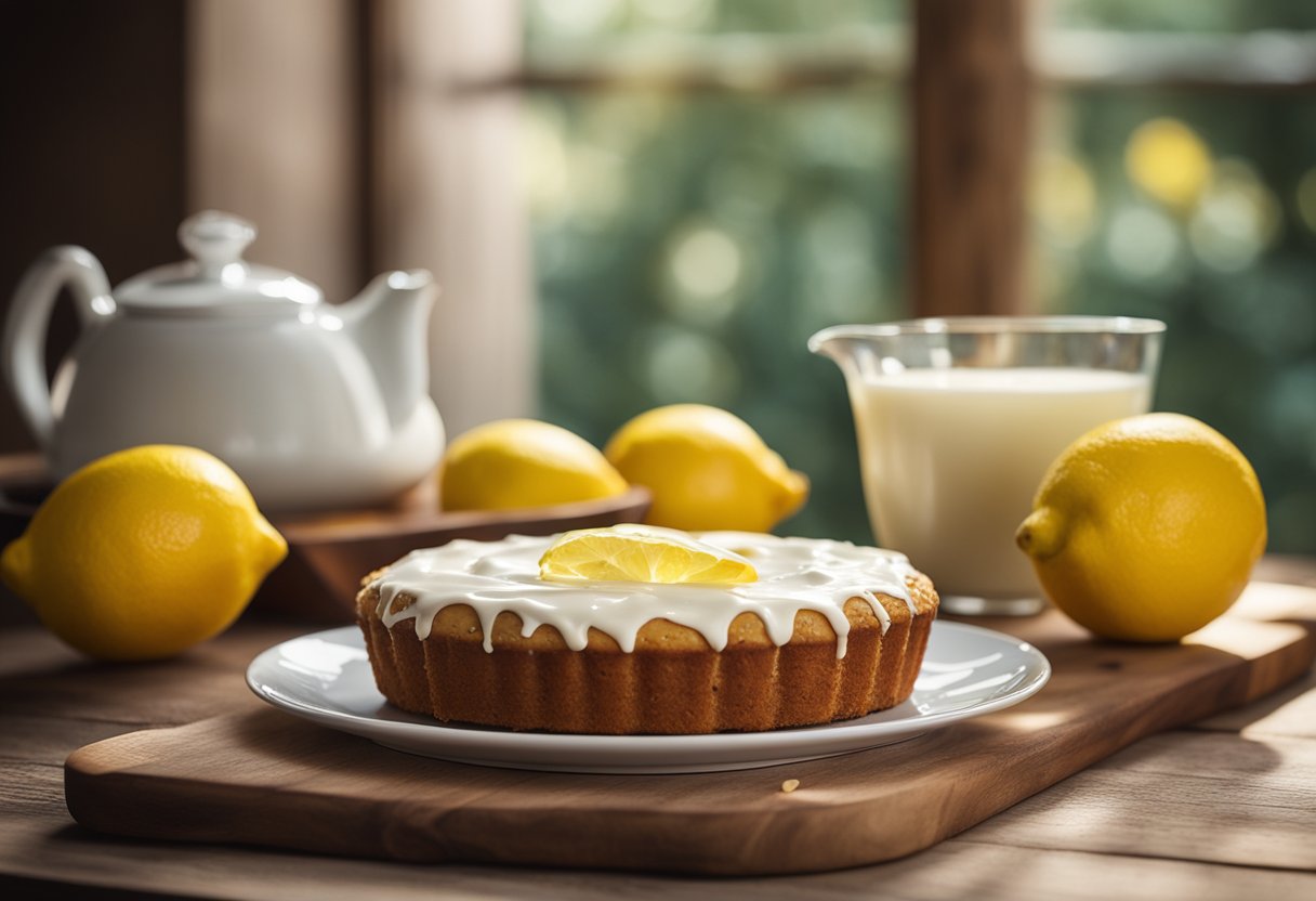 Uma cozinha iluminada com uma janela ensolarada, exibindo um bolo de iogurte de limão recém-assado em uma mesa de madeira rústica, cercado por limões e uma colherada de iogurte.