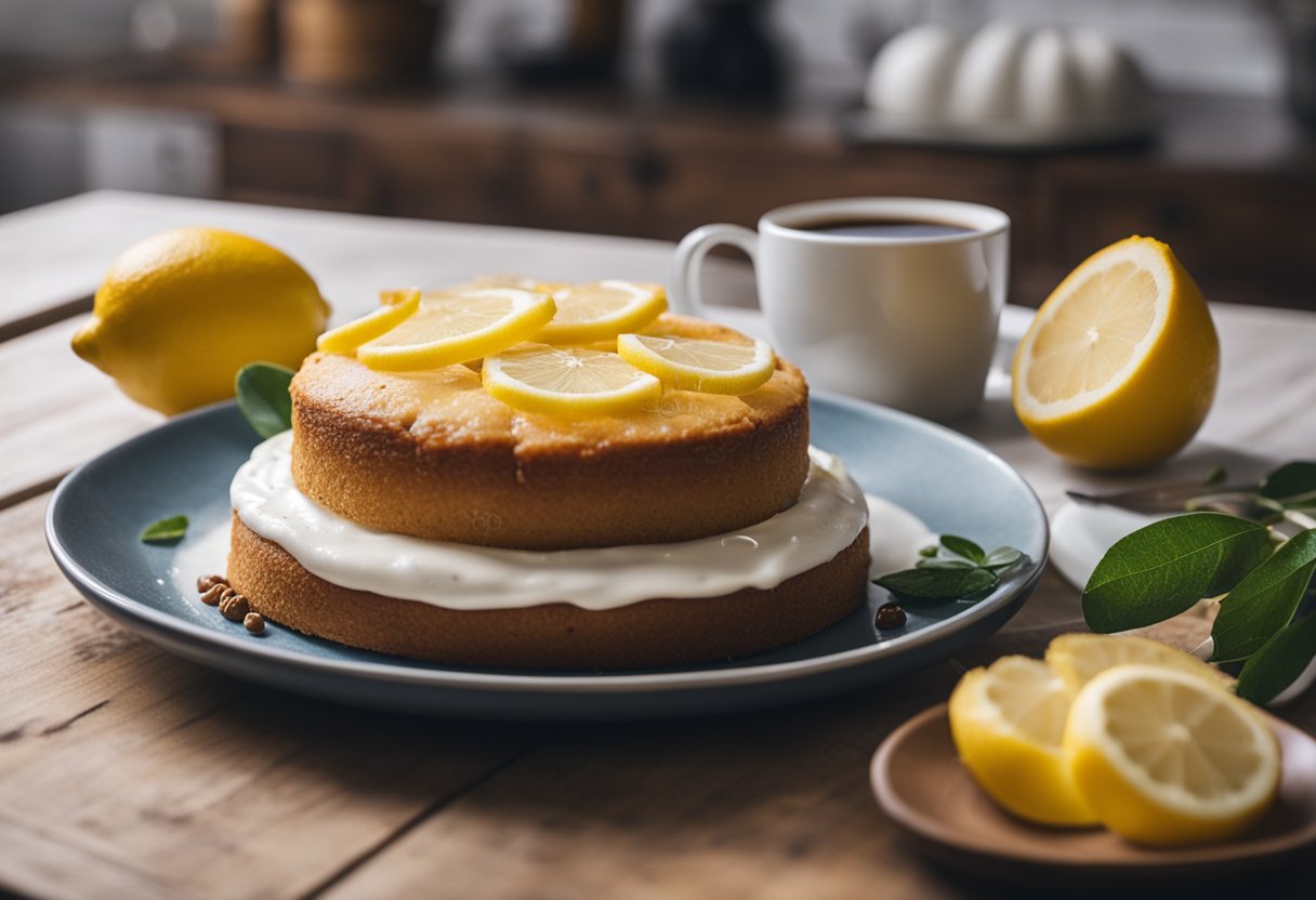 Uma cozinha iluminada com um bolo de limão fresco em uma mesa de madeira, acompanhado por uma colherada de iogurte e uma xícara de café fumegante.