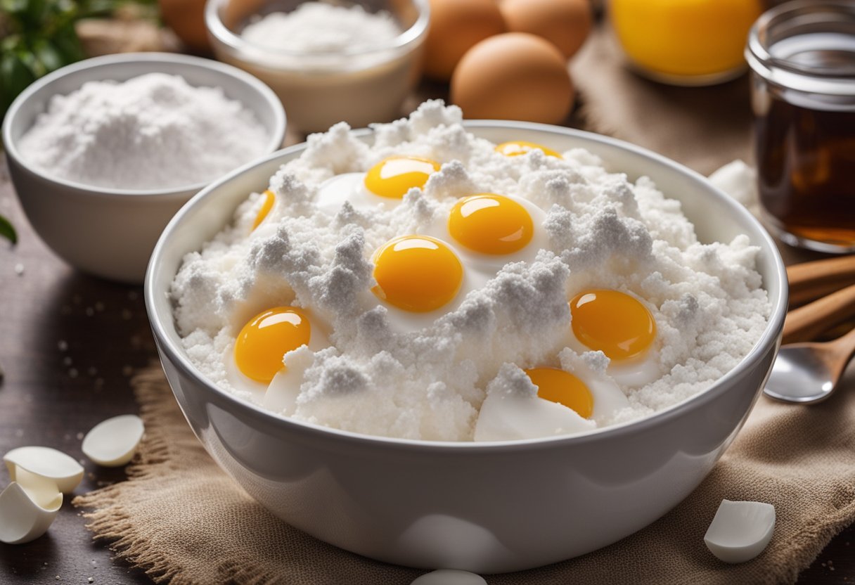 Uma tigela de mistura cheia de farinha, açúcar e ovos está em uma bancada de cozinha, cercada por uma variedade de ingredientes secretos, como extrato de baunilha, fermento em pó e leite azedo.