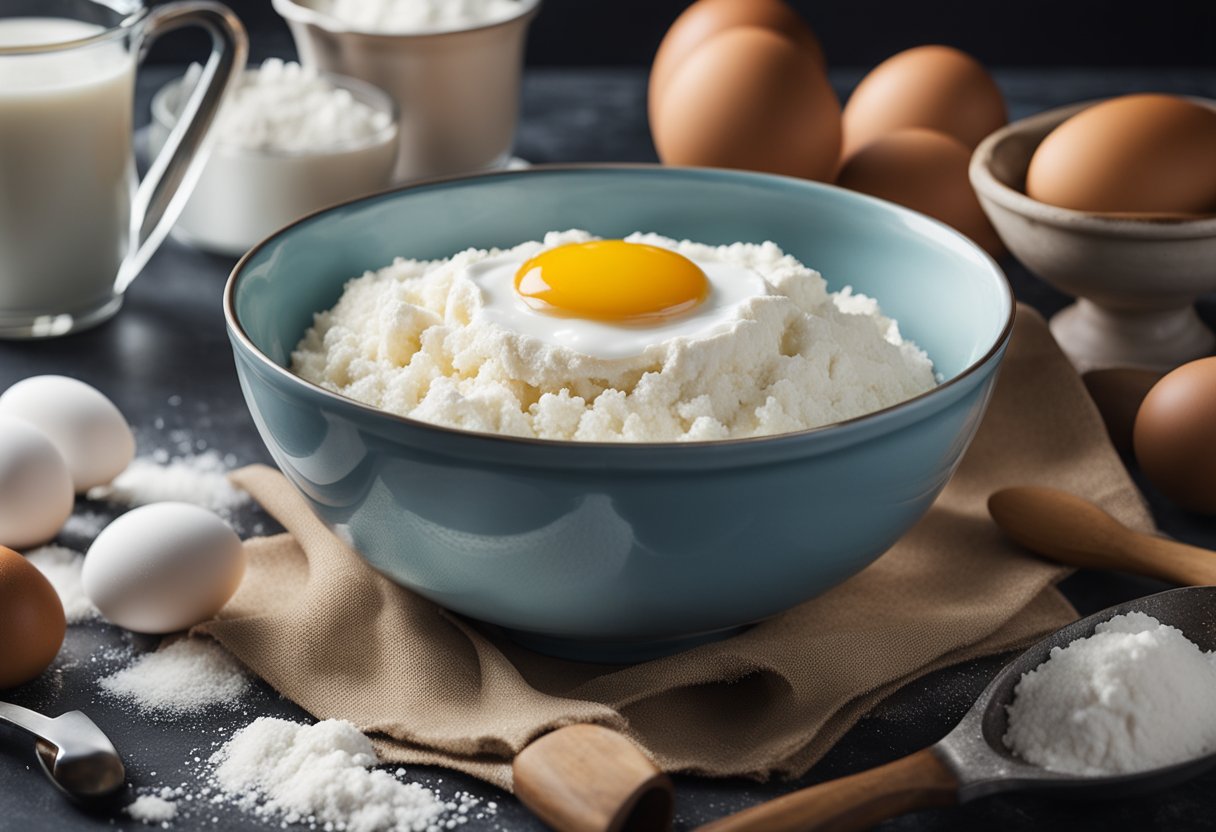 Uma tigela de mistura com farinha, açúcar e ovos, cercada por um batedor, copos medidores e um livro de receitas aberto em uma página intitulada "Como Fazer Bolo Fofo."