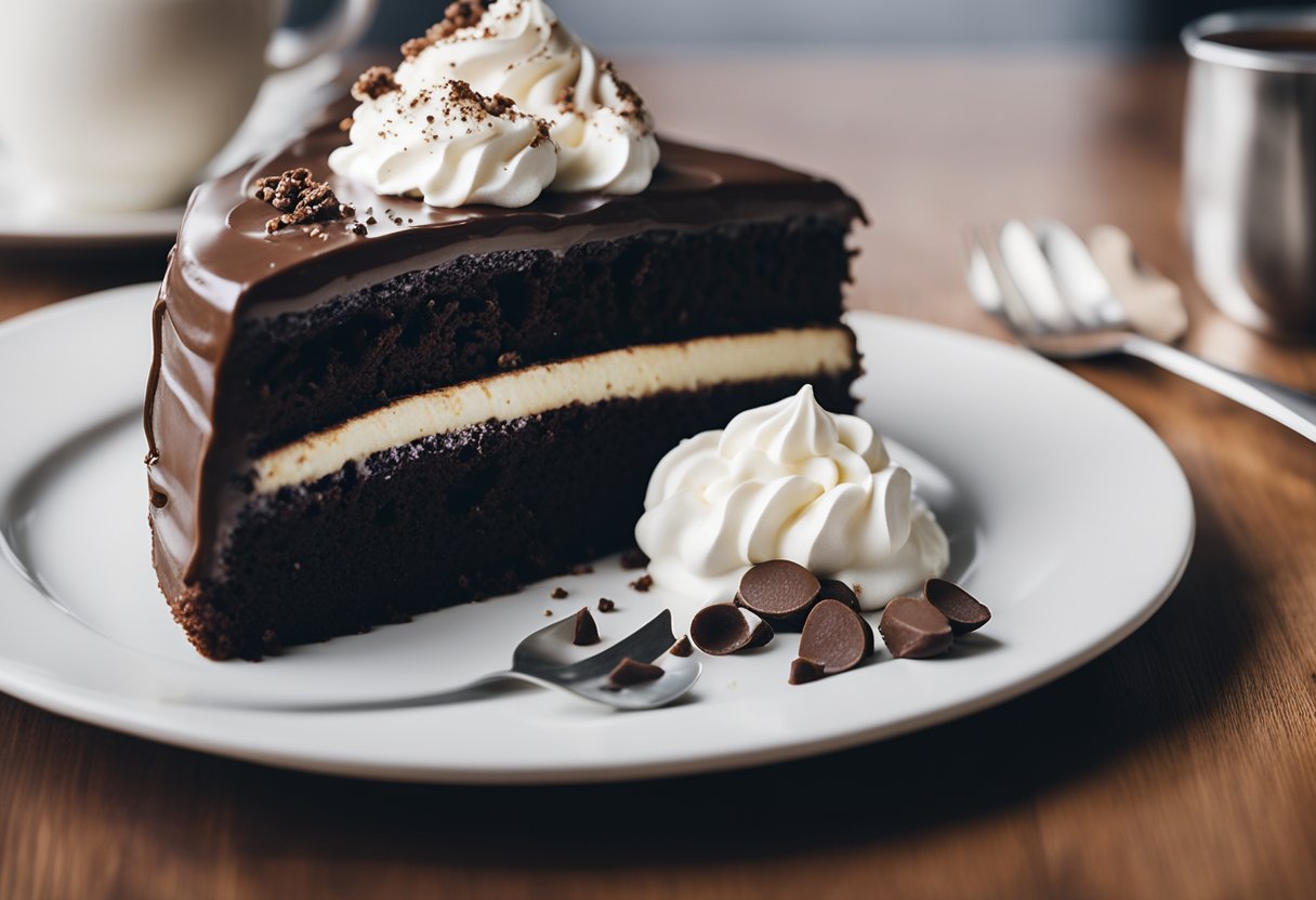 Um bolo de chocolate está em um prato branco, coberto com uma colher de creme de leite batido. O bolo é úmido e fofinho, com uma cor rica e escura.