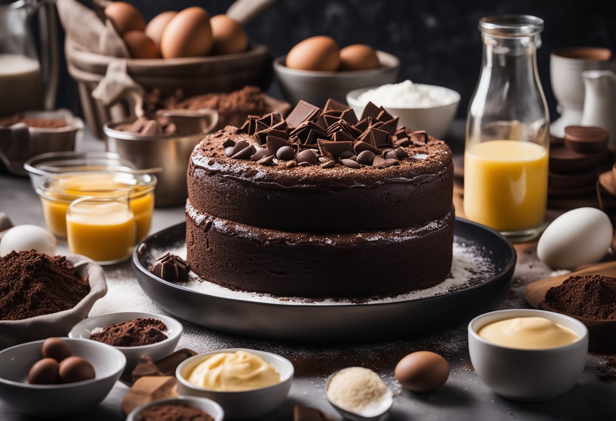 Um bolo de chocolate sendo misturado com leite cremoso, cercado por vários ingredientes como farinha, ovos e cacau em pó em uma bancada de cozinha.