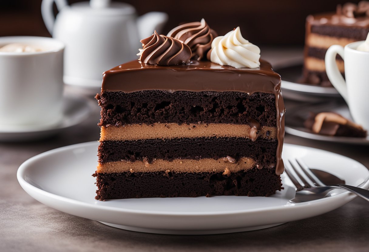 Um bolo de chocolate repousa em um prato branco, coberto com uma camada de glacê de chocolate cremoso e fofo.