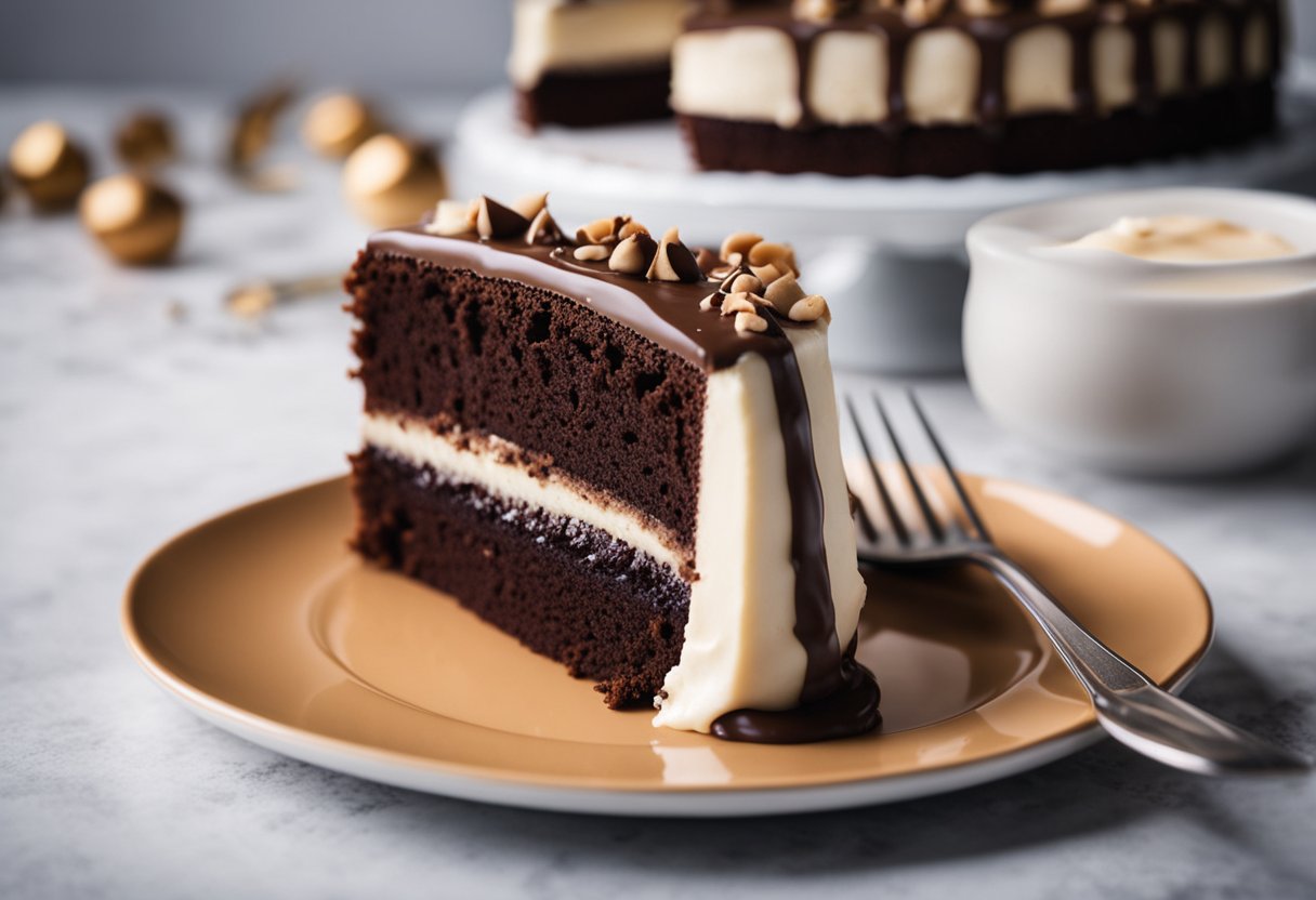 Um bolo de chocolate com uma camada cremosa por cima, repousando em um prato branco. O bolo é macio e fofinho, com uma rica cor de chocolate.