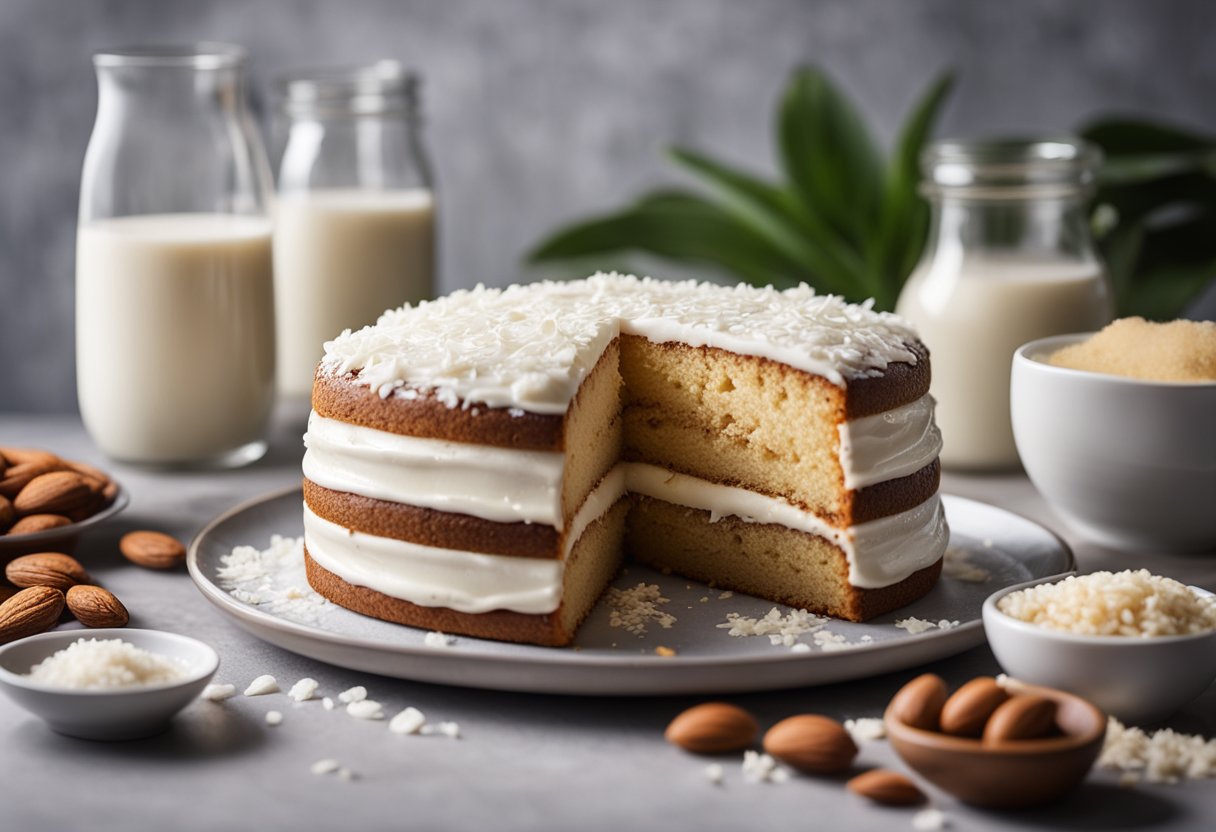 Um bolo fofinho e sem laticínios, cercado por uma variedade de ingredientes sem lactose, como leite de amêndoas, óleo de coco e farinha de arroz.