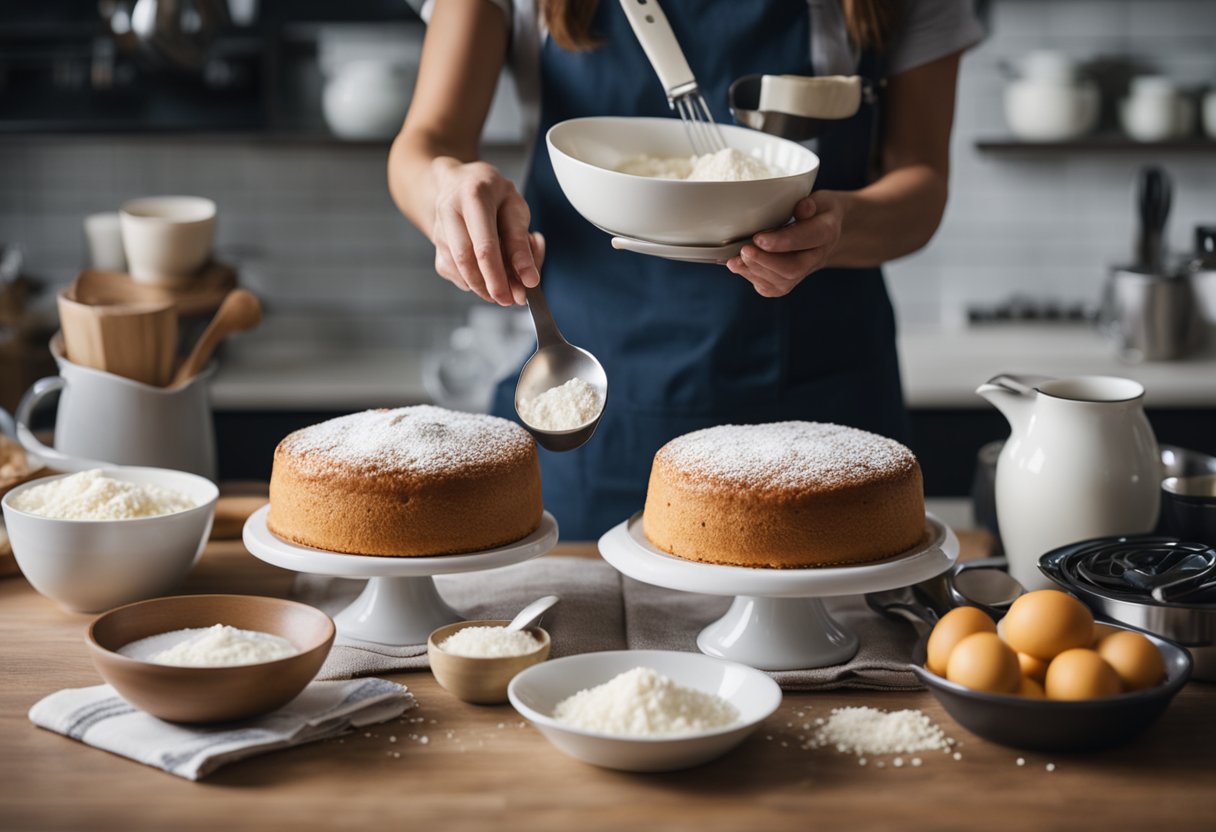 Um bolo fofinho sendo feito com ingredientes sem laticínios, cercado por xícaras medidoras, tigelas de mistura e um livro de receitas aberto em uma página intitulada "Bolo Fofinho Sem Leite."