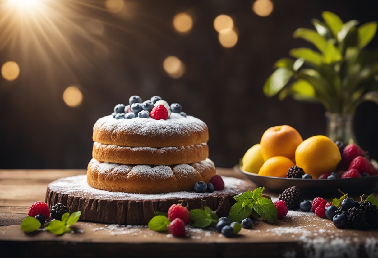 Um bolo fofo e sem laticínios repousa sobre uma mesa de madeira rústica, cercado por frutas frescas e uma camada de açúcar de confeiteiro. A luz do sol entra, lançando um brilho quente sobre a deliciosa sobremesa.