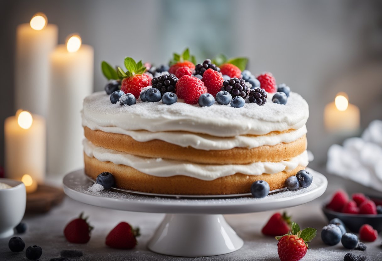 Um bolo de baunilha fofinho com cobertura de chantilly está em um suporte de bolo decorativo, cercado por frutas vermelhas frescas e uma camada de açúcar de confeiteiro.