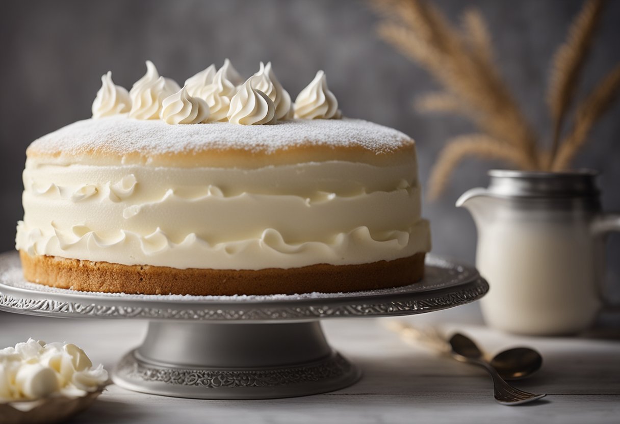 Um bolo de baunilha fofo com uma cobertura cremosa de chantilly está em um suporte de bolo vintage, cercado por vagens de baunilha frescas e uma pitada de açúcar de confeiteiro.