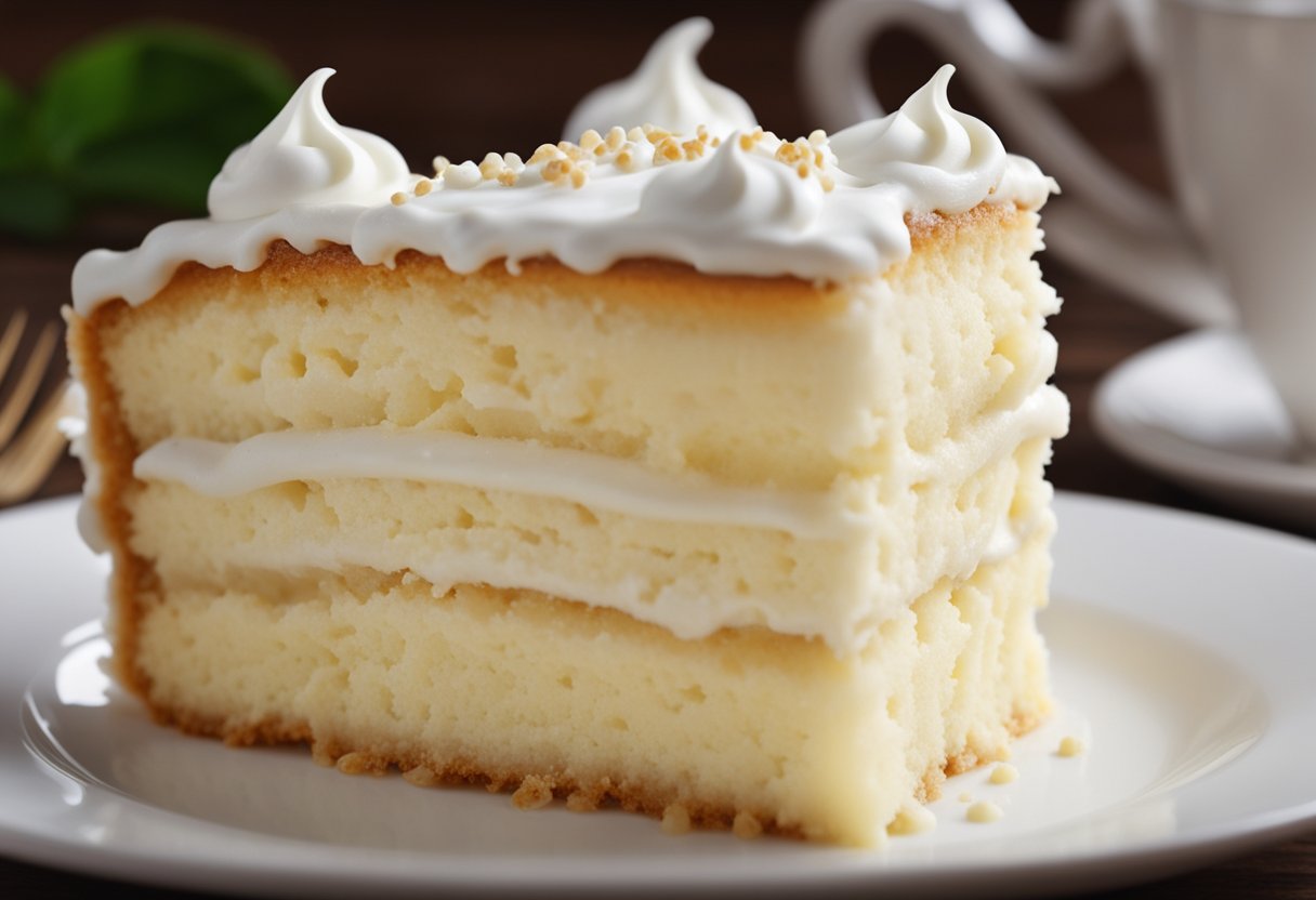 Um bolo de baunilha fofinho sendo delicadamente coberto com uma camada suave de chantilly, pronto para ser servido como uma sobremesa clássica e irresistível.