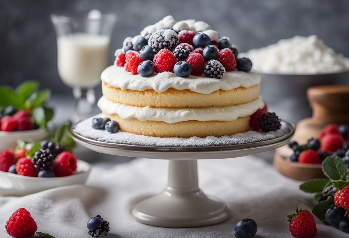 Um bolo de baunilha fofinho com cobertura de creme Chantilly está em um suporte de bolo decorativo, cercado por frutas vermelhas frescas e uma camada de açúcar de confeiteiro.