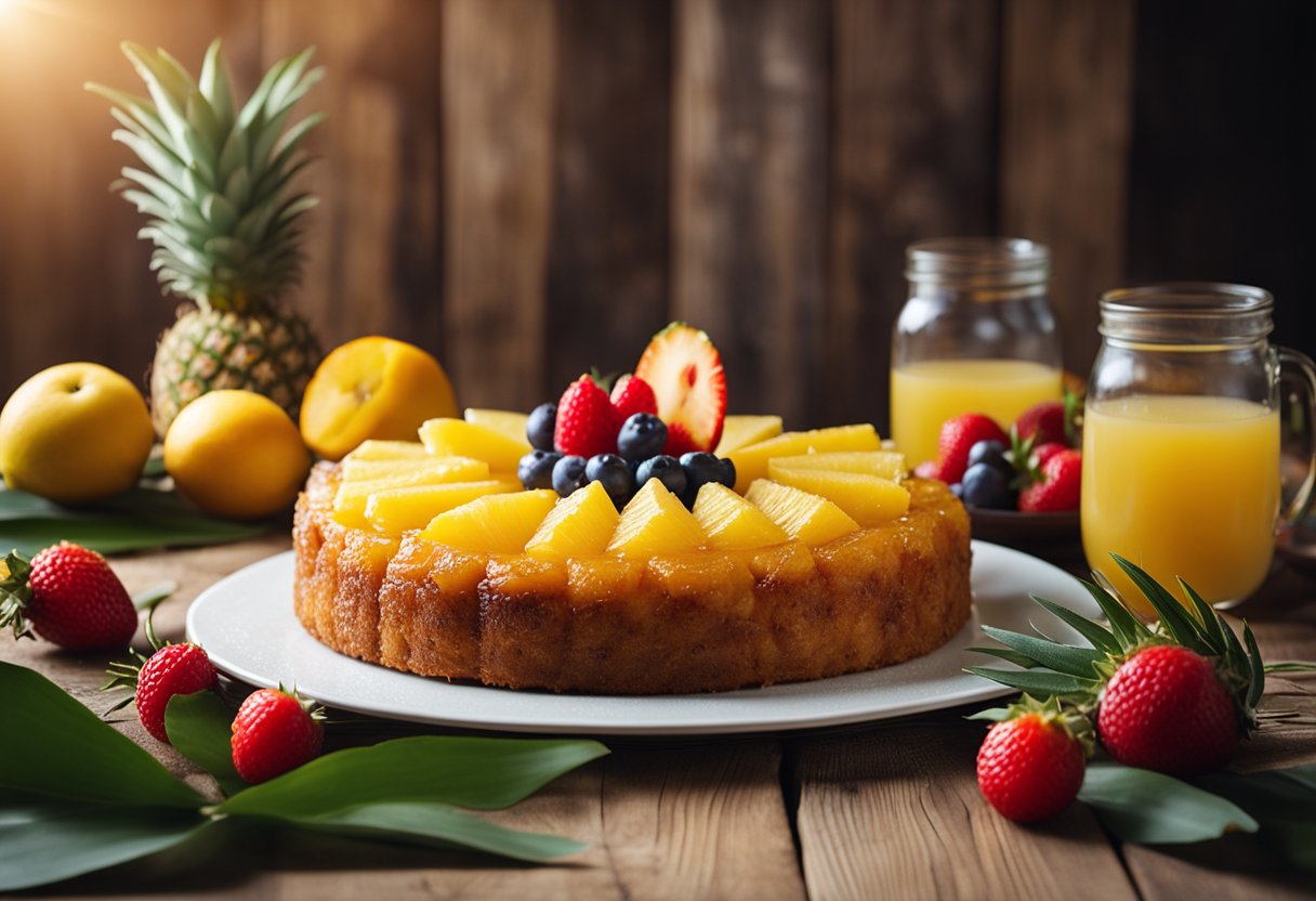 Um bolo de abacaxi invertido fofinho cercado por frutas tropicais em uma mesa de madeira rústica