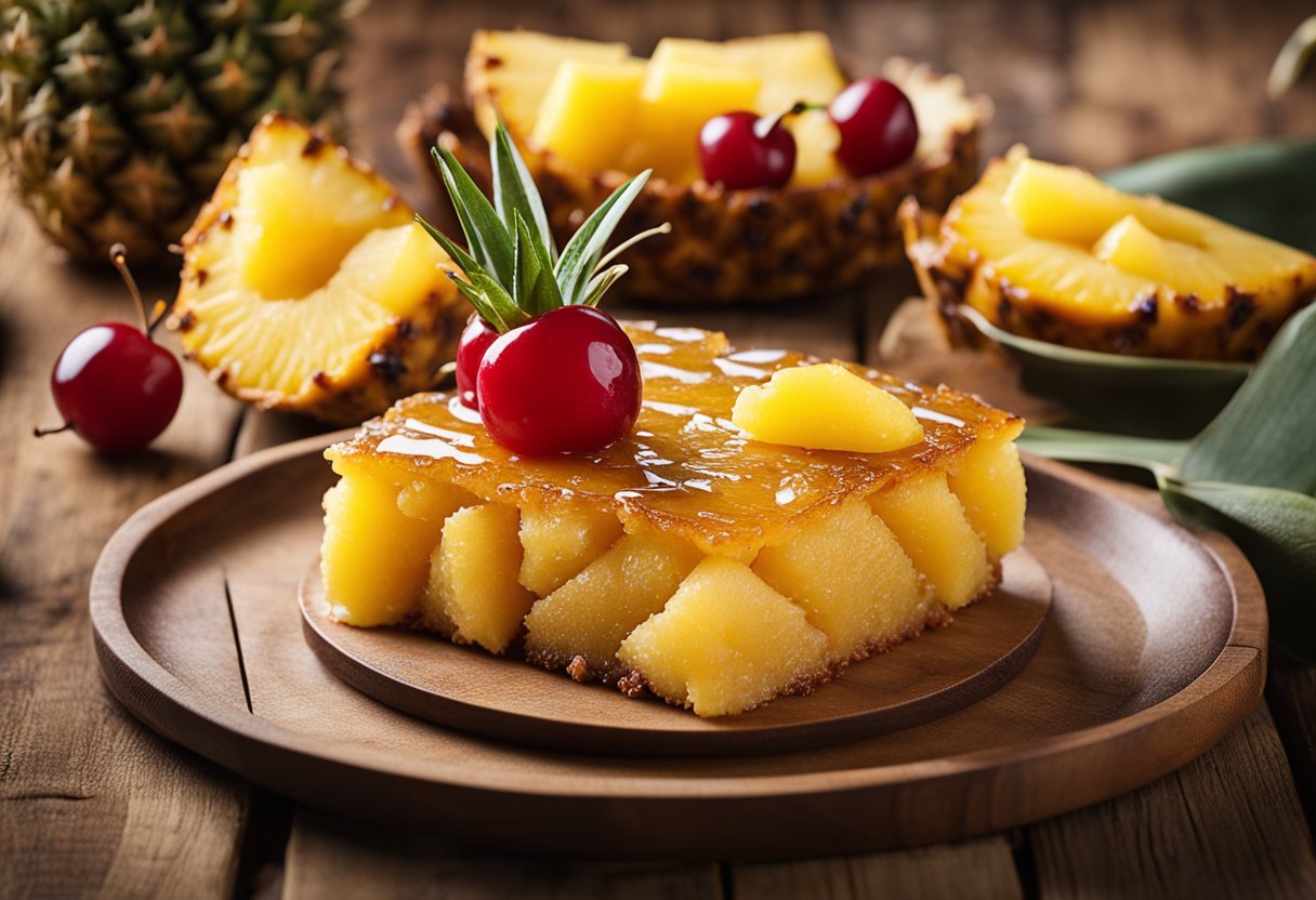 Um bolo de abacaxi invertido repousa sobre uma mesa rústica de madeira, com uma esponja dourada coberta com fatias de abacaxi caramelizadas e cerejas, exalando um aroma tropical.