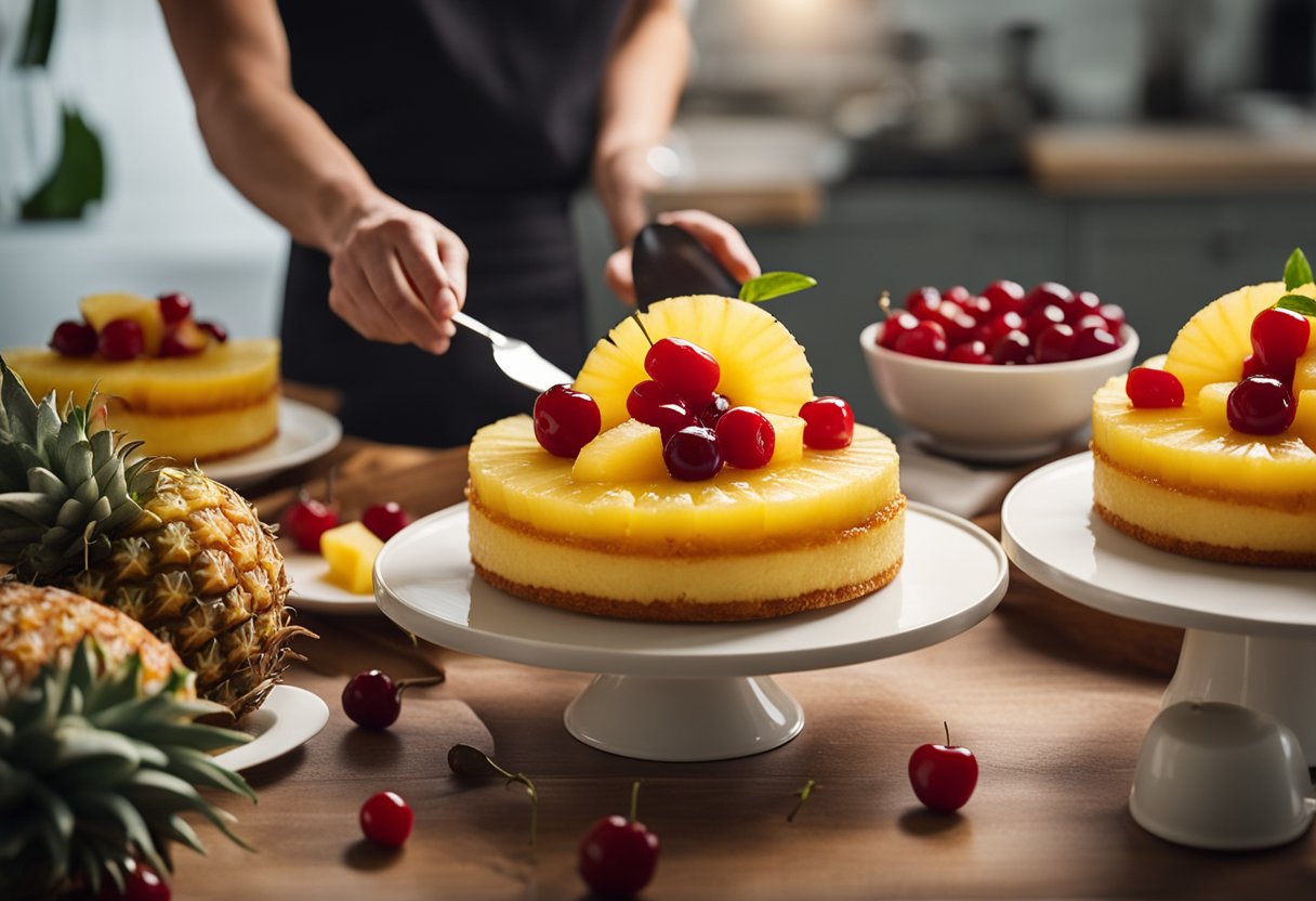 Um bolo invertido de abacaxi sendo montado, com camadas de rodelas de abacaxi e cerejas sobre uma base de bolo macia e fofa.